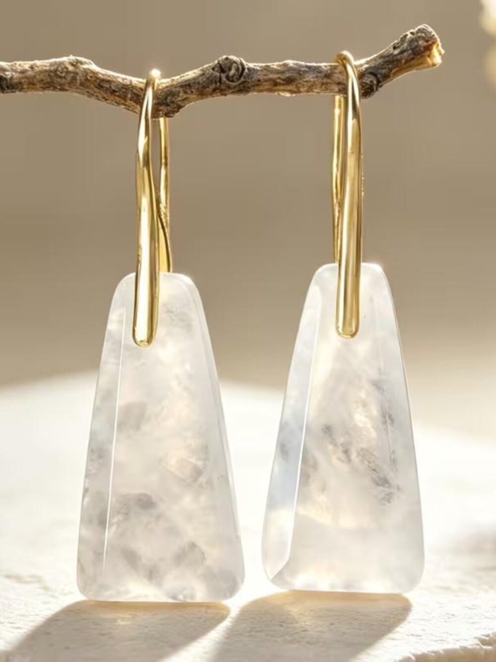 CRYSTAL QUARTZ TRAPEZOIDAL BEVELED EDGE LONG EARRINGS N
